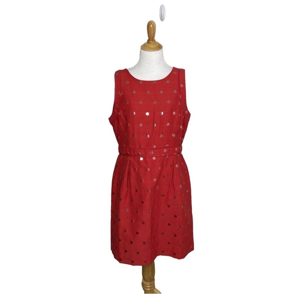 Elle dress. Red sheath dress with silver metallic polkadots.
